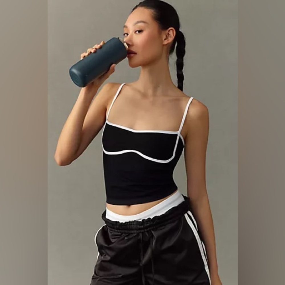 Anthropologie Black White Seamless Piped Trim Contour Cami Crop Top